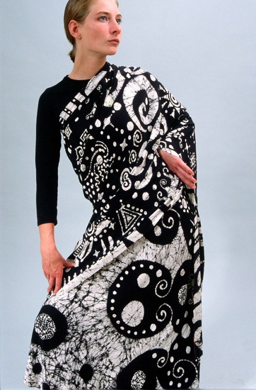 "Cosmos Shawl": Batik on silk crepe. Dimensions 44" x 120"
